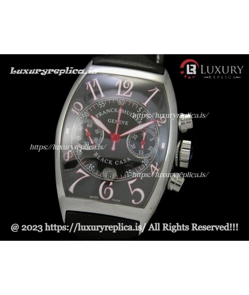 FRANCK MULLER CASABLANCA SWISS CHRONOGRAPH BLACK DIAL - RED NUMERAL MARKERS - BLACK LEATHER STRAP