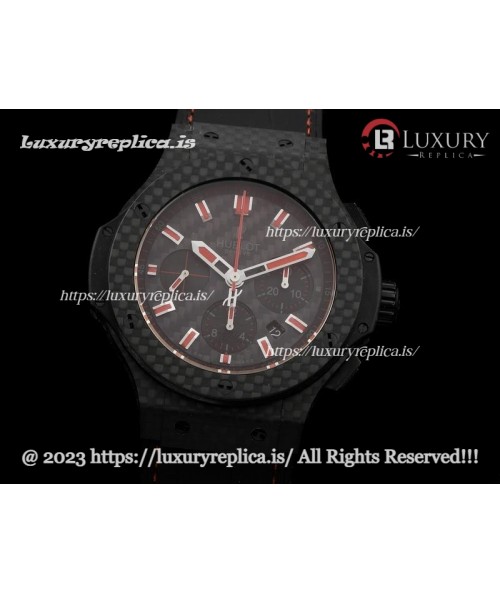 HUBLOT BIG BANG FULL CARBON FIBRE EDITION SWISS AUTOMATIC BLACK DIAL - RED STEEL BAR - BLACK LEATHER STRAP