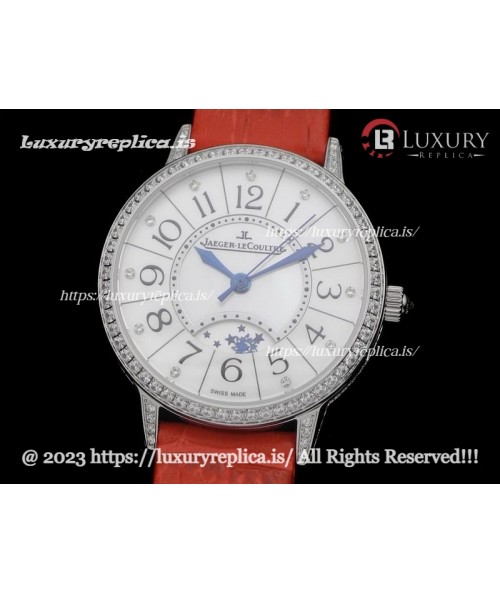 JAEGER LECOULTRE RENDEZ-VOUS NIGHT & DAY SS DIAMOND CASE MOP WHITE DIAL - RED LEATHER STRAP