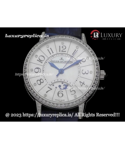 JAEGER LECOULTRE RENDEZ-VOUS NIGHT & DAY SS DIAMOND CASE MOP WHITE DIAL - BLUE LEATHER STRAP