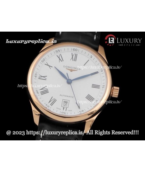 LONGINES MASTER ROSE GOLD SILVER DIAL BROWN LEATHER STRAP