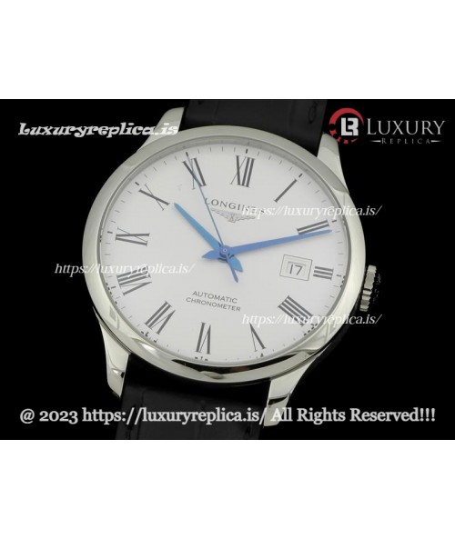LONGINES RECORD MEN'S AUTOMATIC WATCHES WHITE DIAL BLACK LEATHER STRAP 