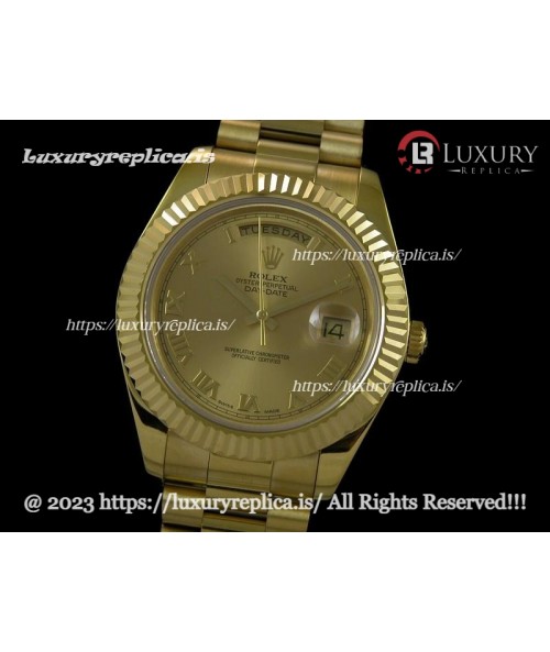 ROLEX DAY-DATE II YELLOW GOLD 3156 MOVEMENT FLUTED BEZEL - PRESIDENTIAL BRACELET - GOLD DIAL - ROMAN MARKERS