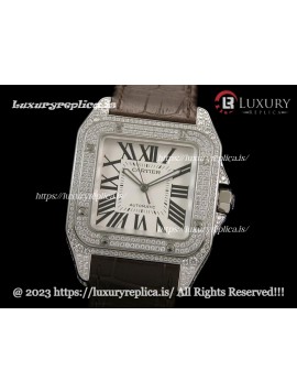CARTIER SANTOS 100TH ANNIVERSARY FULL DIAMOND SWISS AUTOMATIC - BROWN LEATHER STRAP