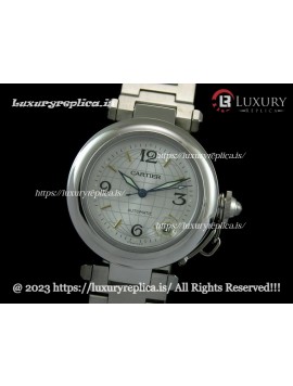 CARTIER PASHA MID SIZE SWISS AUTOMATIC WHITE GLOBE DIAL - STAINLESS STEEL BRACELET