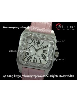 CARTIER SANTOS 100TH ANNIVERSARY LADIES WATCHES DIAMOND BEZEL SWISS AUTOMATIC - PINK LEATHER STRAP