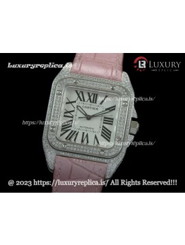 CARTIER SANTOS 100TH ANNIVERSARY LADIES WATCHES FULL DIAMOND SWISS AUTOMATIC - PINK LEATHER STRAP