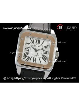 CARTIER SANTOS 100TH ANNIVERSARY LADIES WATCHES 2 TONE SWISS AUTOMATIC - BLACK LEATHER STRAP