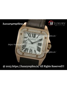 CARTIER SANTOS 100TH ANNIVERSARY LADIES WATCHES ROSE GOLD DIAMOND BEZEL SWISS AUTOMATIC - BROWN LEATHER STRAP