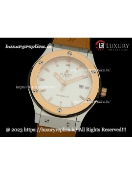 HUBLOT BIG BANG CLASSIC FUSION 2 TONE SWISS AUTOMATIC WHITE DIAL - BROWN LEATHER STRAP