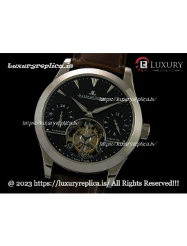 JAEGER LECOULTRE DAY/NIGHT REAL TOURBILLON BLACK DIAL - BROWN LEATHER STRAP