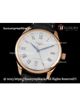 LONGINES MASTER ROSE GOLD SILVER DIAL BROWN LEATHER STRAP