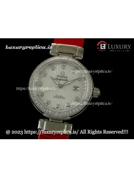 OMEGA DE VILLE LADYMATIC 34MM DIAMOND BEZEL SWISS AUTOMATIC WHITE DIAL RED LEATHER STRAP
