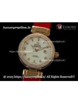OMEGA DE VILLE LADYMATIC 34MM ROSE GOLD DIAMOND BEZEL SWISS AUTOMATIC WHITE DIAL RED LEATHER STRAP