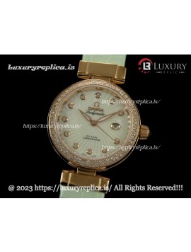 OMEGA DE VILLE LADYMATIC 34MM ROSE GOLD DIAMOND BEZEL SWISS AUTOMATIC WHITE DIAL GREEN LEATHER STRAP