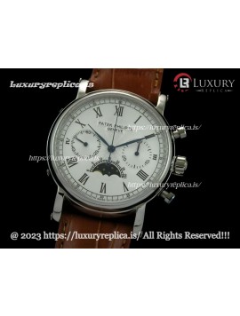 PATEK PHILIPPE CALENDER MOONPHASE SWISS CHRONOGRAPH WHITE DIAL - BROWN LEATHER STRAP