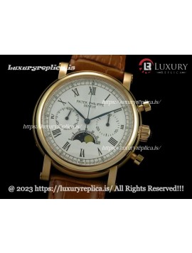 PATEK PHILIPPE CALENDER MOONPHASE SWISS CHRONOGRAPH ROSE GOLD WHITE DIAL - BROWN LEATHER STRAP