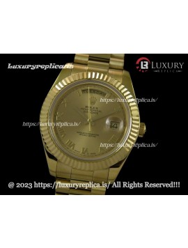 ROLEX DAY-DATE II YELLOW GOLD 3156 MOVEMENT FLUTED BEZEL - PRESIDENTIAL BRACELET - GOLD DIAL - ROMAN MARKERS