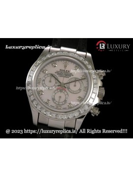 ROLEX DAYTONA SWISS AUTOMATIC MOVEMENT - MOP PINK DIAL - CRYSTAL CRESTED BEZEL - BLACK LEATHER STRAP