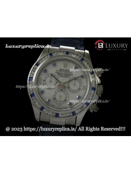 ROLEX DAYTONA SWISS AUTOMATIC MOVEMENT - MOP WHITE DIAL - CRYSTAL CRESTED BEZEL - BLUE LEATHER STRAP