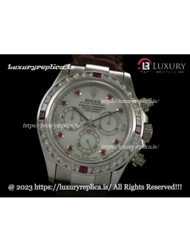 ROLEX DAYTONA SWISS AUTOMATIC MOVEMENT - MOP WHITE DIAL - CRYSTAL CRESTED BEZEL - BROWN LEATHER STRAP