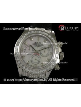 ROLEX DAYTONA SWISS AUTOMATIC MOVEMENT - MOP WHITE DIAL - CRYSTAL CRESTED BEZEL - BLACK LEATHER STRAP