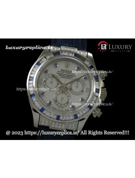 ROLEX DAYTONA SWISS AUTOMATIC MOVEMENT - MOP WHITE DIAL - BLUE LEATHER STRAP - CRYSTAL CRESTED BEZEL