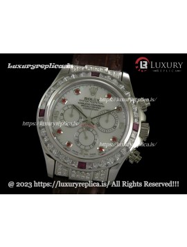 ROLEX DAYTONA SWISS AUTOMATIC MOVEMENT - MOP WHITE DIAL - BROWN LEATHER STRAP - CRYSTAL CRESTED BEZEL