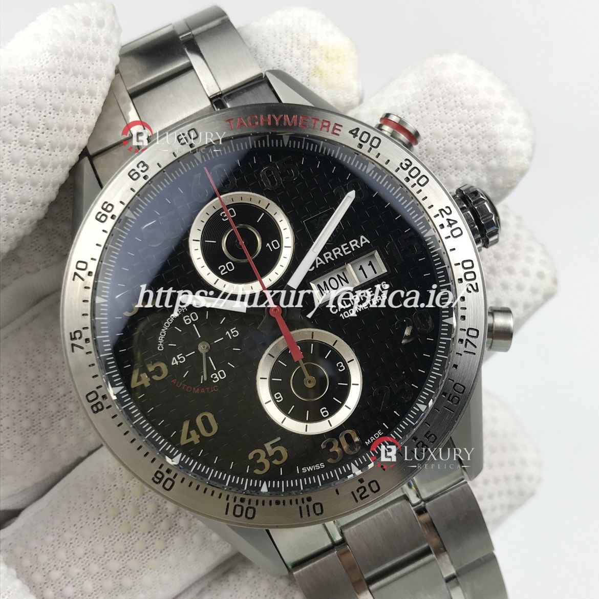 TAG HEUER CALIBRE 16 DAY DATE CHRONOGRAPH SWISS AUTOMATIC - BLACK CARBON FIBER DIAL - STAINLESS STEEL BRACELET
